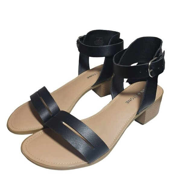 Sun Stone Women Alecta Black Open Toe Ankle Strap Buckle Block Heel Sandals Sz 9 - Picture 1 of 11